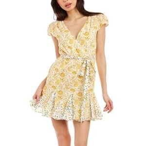 Celina Moon Belted Floral Faux Wrap Cap Sleeve Mini Dress Size Small
